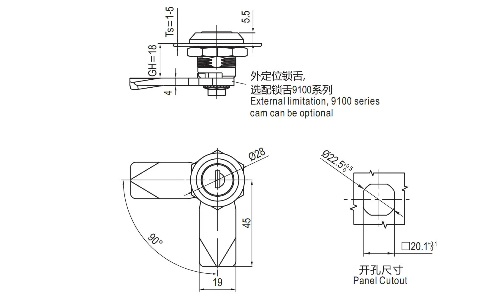 直角转舌锁 1401圆柱锁芯系列